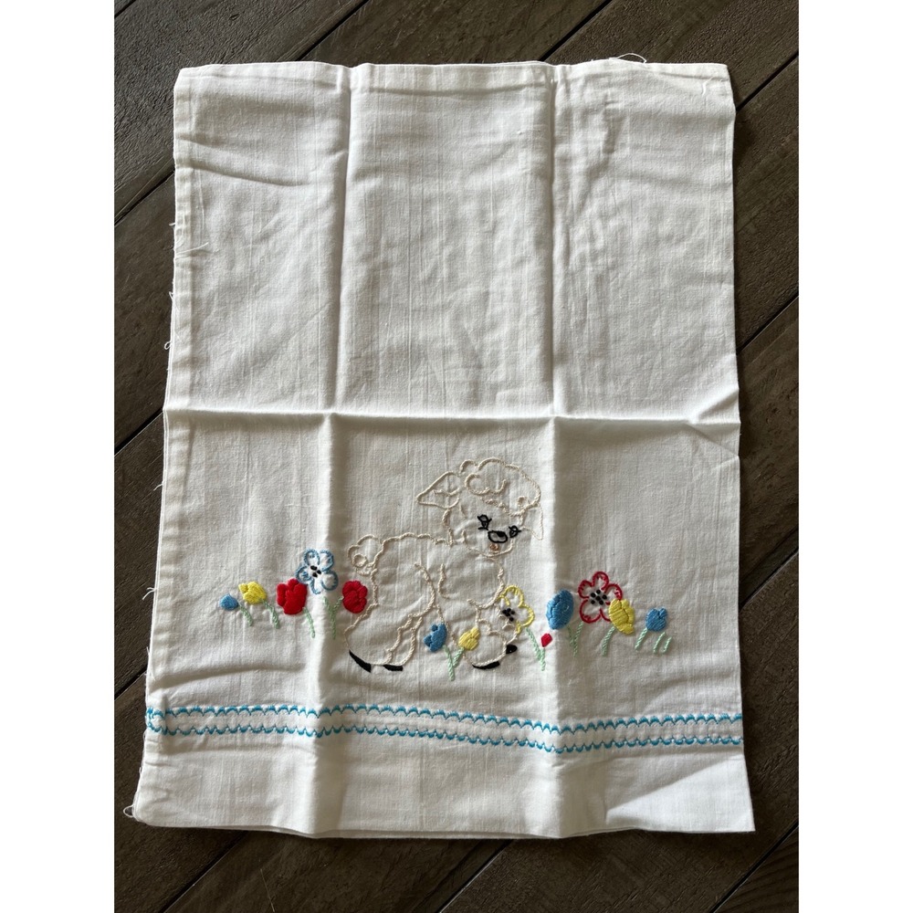 Vintage Hand Embroidered Lamb Flower Cotton Childs Pillowcase